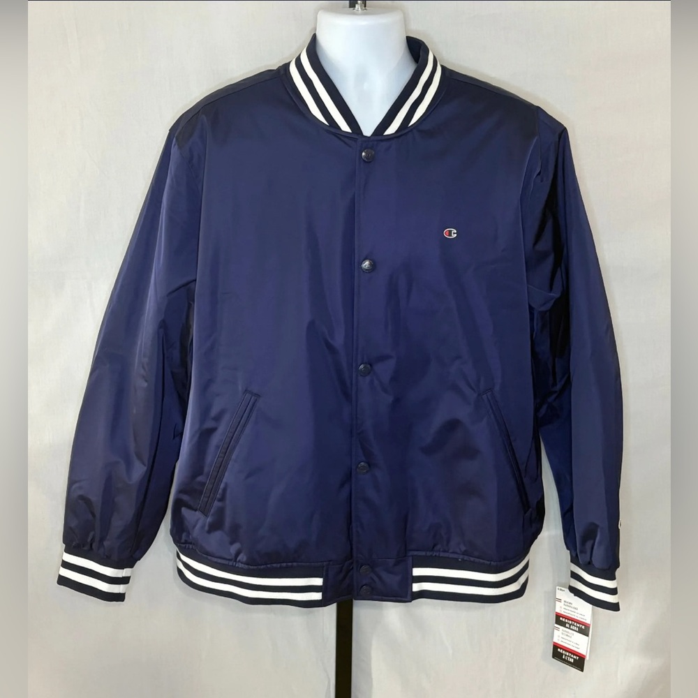 XL - Champion Classic Satin Varsity Small Chest Logo Navy Bomber Jacket - NWT